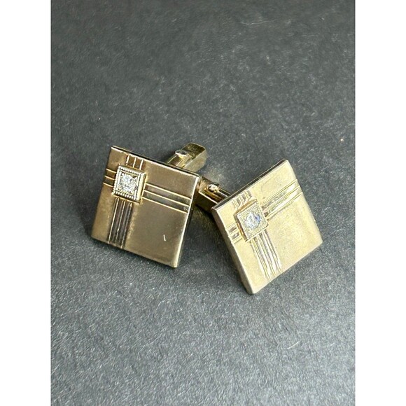 Anson Gold Tone Cubic Zircon Cufflinks Geometric Square Anson Pat Pend - Picture 3 of 9